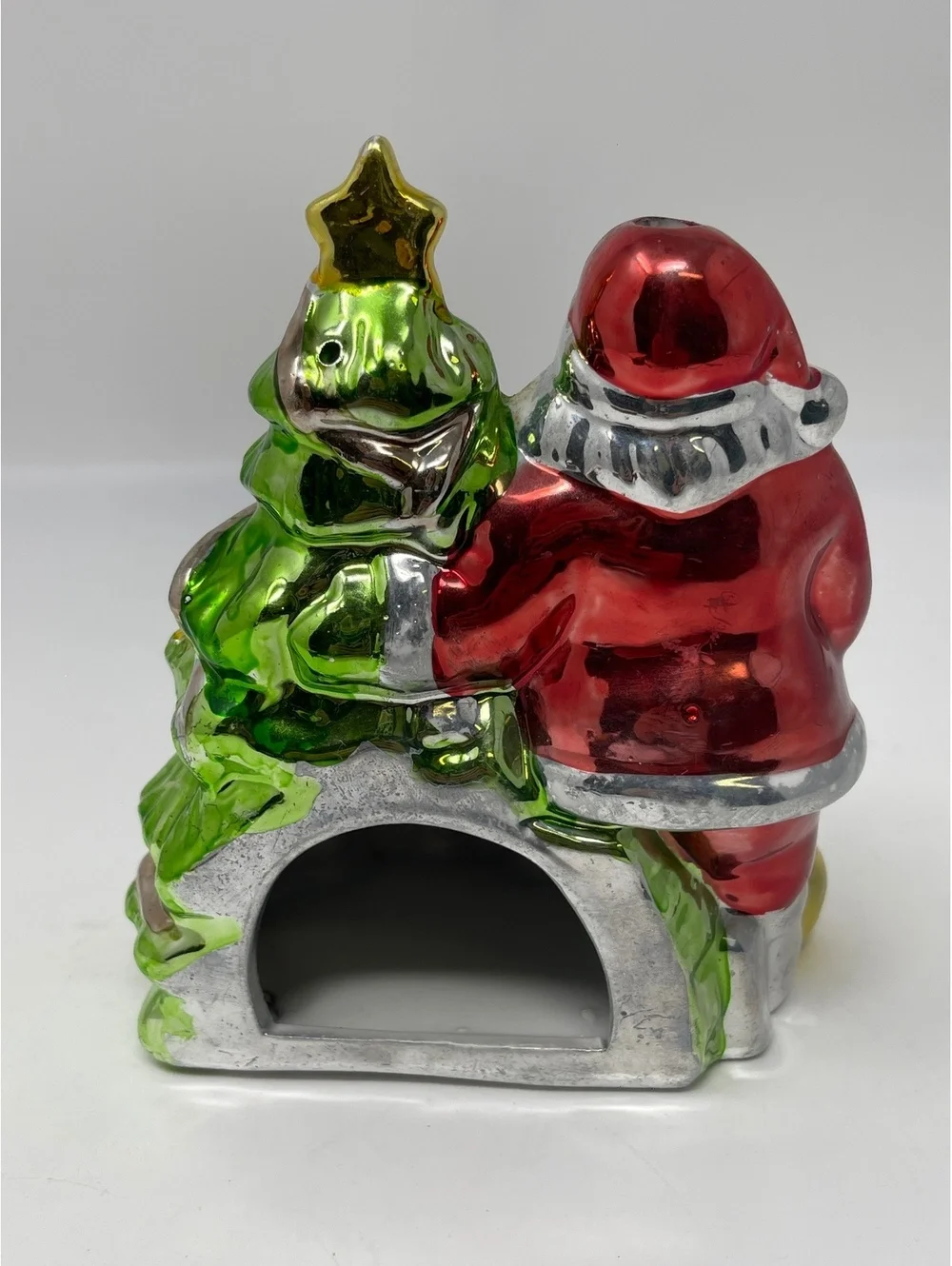 Vintage Style Metallic Santa Claus & Christmas Tree Ceramic Tea Light Holder